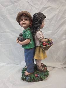 lot 797 image: Back-to-Back Children Garden Figurine with Cat and Fruit Basket
