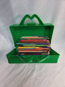 lot 1741 image: 1980s Green Plastic School Supply Case with Colored Pencils