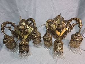 lot 1764 image: Lot of 2 Massive Ornate Brass Crystal Pendant wall mounted Chandeliers