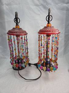 lot 1771 image: Colorful Beaded Table Lamps with Red Glass Shade