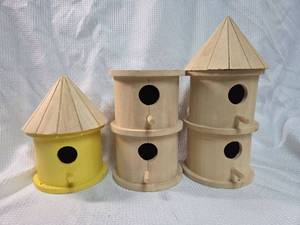 lot 1777 image: Decorative Wooden Birdhouse Set with Yellow Accent