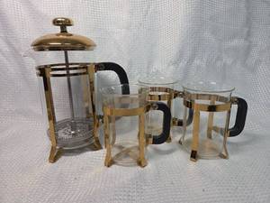 lot 1802 image: Gold French Press Coffee Maker Set with 3 Cups