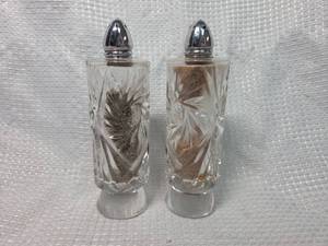 lot 1810 image: Cut Glass Salt and Pepper Shakers with Chrome Lids