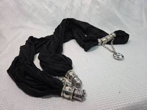 lot 1811 image: Black Fabric Scarf Necklace with Crystal Pendant