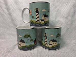lot 1837 image: Warren Kimble Coastal Breeze Lighthouse Mugs Set of 3