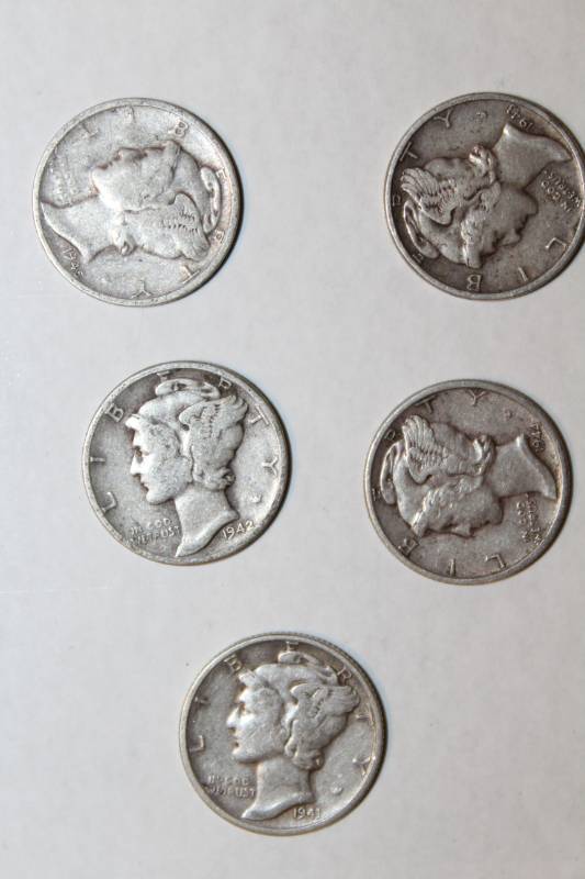 lot 1949 image: Five Mercury Dimes - Years 1941-1945 - 90% Silver