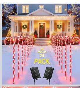 lot 2009 image: COOLWUFAN 24 Pack 28 Solar Candy Cane Path Lights Christmas Decorations, 4 Brightness Levels 264 Bright LEDs Waterproof Pathway Markers with Stakes for Outdoor Yard Garden Walkway Xmas Holiday Decor