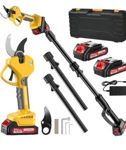 lot 2010 image: Electric Pruning Shears Cordless 2.6 Inches & Electric Pole Pruner 2-IN-1 with 8ft Pole Reach To 14ft, 2  2Ah Battery Pruning Shears, Cordless Pole Pruner Garden Tool for Tree Trimming Branch Cutter powers on