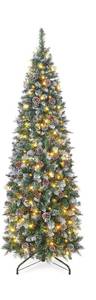 lot 2029 image: Homde 6ft Pre-lit Christmas Tree with Artificial Flocked Snow, Pinecones and 160 Warm White Lights - Pencil Shape for Xmas Holiday Decor