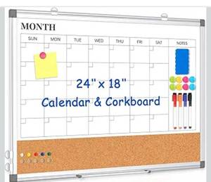 lot 2060 image: Monthly Calendar Whiteboard Dry Erase Cork Board Combo for Wall, 24 x 18 Double-Sided Calendar White Board and Bulletin Board, Portable Board for Office, Kitchen, School, Home