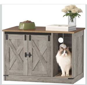 lot 2061 image: Cat Litter Box Enclosure, Hidden Litter Box Cabinet Furniture with Bell, Indoor Cat House, Farmhouse Style, 31.5 x 19.7 x 20.9Inches, for Hallway, Bedroom, Light Ivory and Brown CB82405X