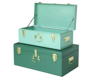 lot 2068 image: Vixdonos Decorative Large Metal Box Storage Trunk Chest Set of 2 College Dorm Organizer with Hardware Hasps and Handle for Home Deocr,23.7X14.2X9.5 Inches
