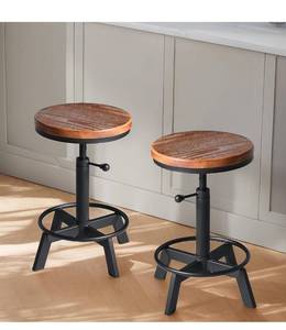 lot 2085 image: Set of 2-Industrial Bar Stool-Counter Height Chairs- Swivel Wooden Seat- Adjustable 17.7-24inch