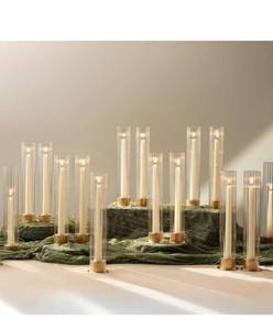lot 2087 image: NUPTIO Hurricane Glass Candle Holders Set of 18 Gold Taper Holders Bulk with Fluted Sleeves - Brass Candlestick Holders for Table Centerpiece Decoration