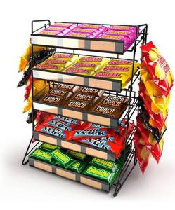 lot 2097 image: 5 Tier Candy Display Rack, Large Snack Organizer For Countertop, Home Theatre Portable Concession Stand Snack Display, Black Metal Shelf With 12 Clips