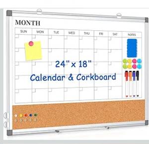 lot 2107 image: Monthly Calendar Whiteboard Dry Erase Cork Board Combo for Wall, 24 x 18 Double-Sided Calendar White Board and Bulletin Board, Portable Board for Office, Kitchen, School, Home
