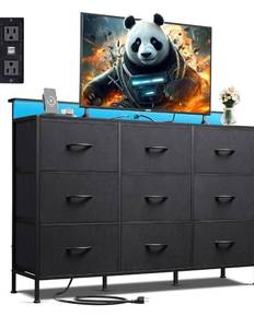 lot 2112 image: WLIVE Black Dresser TV Stand for 45, 50, 55 inch TV, Entertainment Center with LED Lights & Charging Station, Chest of drawers with 9 Fabric Drawers and Open Shelves for Living Room, Hallway, Wood Top