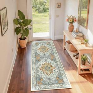 lot 2119 image: RELEANY Area Rugs 2x6 Runner Rug Non Slip Washable for Kitchen Hallway Bedroom Beside Laundry Room Bathroom Rug, Floor Carpet, Light Yellow Carbon Grey Orange