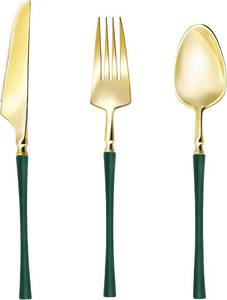 lot 2131 image: Lullaby 150pcs Gold Plastic Silverware, High End Disposable Cutlery with Dark Green Handle Include 50 Forks, 50 Spoons, 50 Knives, Elegant Silverware for Wedding, Party, Gathering and Daily Use