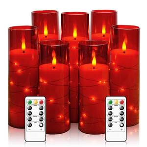 lot 2132 image: Eebuss Flameless Candles with Embedded Star String, Battery Operated LED Pillar Candles with Timer and Remote Control,Home Decorating for Ambiance Set of 7 (Red)