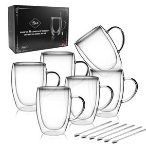 lot 2134 image: LIBWYS 6 Pack Double Walled Coffee Cups Glasses Mugs, 12oz Espresso Cappuccino Latte Tea Cups with Handle, Heat Resistant Borosilicate Clear Glasses 350ml