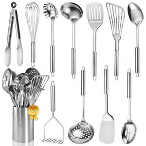 lot 2140 image: Stainless Steel Kitchen Utensils Set - 12pcs Cooking Utensils Set with Holder, Heat Resistant Kitchen Tool Set for Cooking with Turners, Potato Masher, Spatula, Spoons, Tongs, Whisk