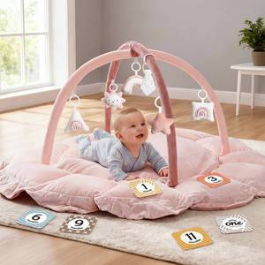 lot 2143 image: Mallify 5-in-1 Thick Plush Baby Play Gym Mat, Tummy Time Mat with 6 Sensory Toys, Baby Play Mat, Convertible Baby Gym for Stage-Based Development from Babies to Toddlers, Baby Essentials Gift, Pink