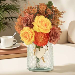 lot 2149 image: Artificial Fall Flowers in Vase, Yellow Silk Rose with Eucalyptus, Faux Plant Floral Centerpiece for Home Office Dining Table Decor, Fake Hanksgiving Wedding Living Room Farmhouse Autumn Decorations
