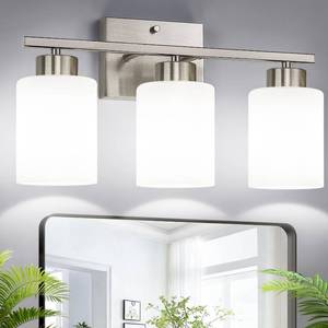lot 3004 image: Brushed Nickel Bathroom Light Fixtures with Milk Glass Shades, Eye-Friendly 3 Light Vanity Lights for Bathroom, Vanity Lights with E26 Socket (Bulbs Not Included), for Mirror, Bedroom, Hallway
