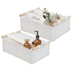 lot 3005 image: DECOMOMO White Wicker Baskets, Back of Toilet Basket, Bathroom Basket Organizer, Countertop, Home Decor (White, Set of 2)