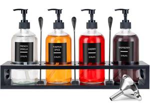 lot 3020 image: Syrup Dispenser for Coffee Bars, Glass Syrup Bottle with Storage Shelf and Spoons,16.9 oz 500 ml Syrup Dispensers,Set of 4 Black Upgraded Dispenser
