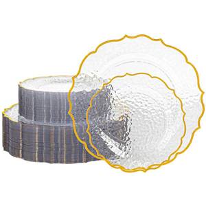 lot 3029 image: N9R 120 PCS Clear and Gold Plastic Plate, Clear Disposable Plate with Gold Rim, Stone Texture Plates Include 120 Dinner & Dessert Plates for Wedding, Party