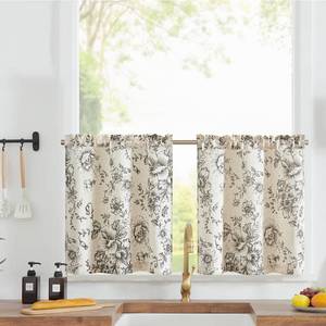lot 3076 image: jinchan Floral Linen Tier Curtains 24 Inch Farmhouse Botanic Cafe Drapes for Small Windows Rustic Half Window Curtains for Kitchen Living Room Bathroom Laundry 2 Panels Black on Beige