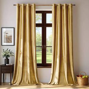 lot 2160 image: BULBUL Velvet Gold Curtains 90 inch Length- Living Room Blackout Thermal Window Drapes Darkening Decor Grommet Curtains for Bedroom Set of 2 Panels