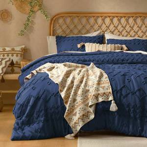 lot 2169 image: HIMEET Tufted Boho King Size Comforter Set, 3 Pieces Navy Blue Boho Bed Set, Farmhouse Shabby Chic Embroidery Bedding for All Seasons, Soft Jacquard King Bedding Set with Comforter � 2 Pillow Shams