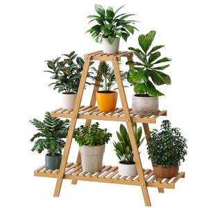 lot 2174 image: Furshus Bamboo Plant Stand - IndoorOutdoor 3 Tier Plant Ladder, 8 Potted Flower Holder, Natural