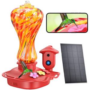 lot 2177 image: Smart Glass Hummingbird Feeder with Camera, Solar Powered 2K HD Hummingbird Feeders for Outdoors Hanging, AI Identifies & Auto Recording, Leak-Proof Ant & Bee Proof, Ideal Gift for Bird Lovers