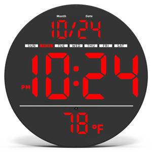 lot 2186 image: Digital Wall Clock with Large LED Display, Date, Temperature, Auto-Brightness  Small PLUG-IN Clock  Modern Electric Wall Clock for Bedroom, Classroom, Living Room, Home, Office, Farmhouse - Red