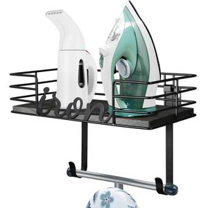lot 2194 image: TJ.MOREE Ironing Board Hanger Wall Mount - Laundry Room Iron and Ironing Board Holder, Metal Wall Mount with Large Storage Black Wooden Base Basket and Removable Hook(Black)