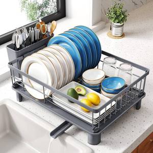 lot 2202 image: SNTD Dish Drying Rack - Small Dish Rack for Kitchen Counter, Stainless Steel Dish Drainer with Utensil Holder and Drainboard, 11 W x 15 L (Grey)