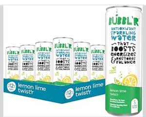 lot 2221 image: BUBBLR lemon lime twistr, Antioxidant Sparkling Water with Natural Caffeine, 0g Sugar, Gluten Free, All Natural Flavors, 12 Fl Oz Cans, 12 Count
