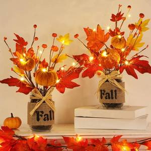 lot 2244 image: 2 Pack & Timer Thanksgiving Decorations 13.5 Inch Fall Table Centerpieces Mason Jar with 20 LED Lights Maples Leaves Pumpkins Berried Thanksgiving Centerpieces for Dinner Table Home Kitchen Office