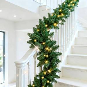 lot 2250 image: 9FT Pre-lit Christmas Garland, Lighted Christmas Garland for Stairs Railing, Battery Operated Christmas Garlands for Mantle, Classic Greenery Xmas Garlands with Lights