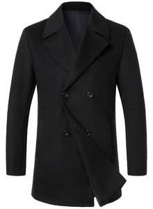 lot 2263 image: HOOD CREW Mens Classic Double Breasted Wool Blend Pea Coat Notched Collar Winter Business Overcoat Trench Coats Black M
