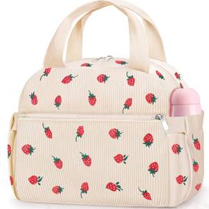 lot 2298 image: KUBYA Lunch Box for Women, Cute Strawberry Corduroy Insulated Lunch Bag Women Reusable Work Leakproof Simple Adults Large Lunch Boxes Tote Bag Men Cooler Bag