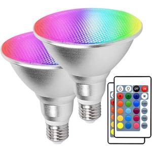 lot 2330 image: Kuniwa 2 Pack RGB PAR38 Flood Light Outdoor with Remote, 30W90W, Waterproof LED Color Changing Light Bulbs, 3000K Warm White, 1800lm, Christmas Party Decor Dimmable Lamp