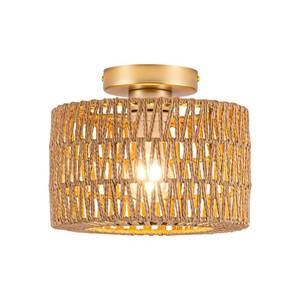 lot 2339 image: Rattan Ceiling Light, 1 Light Bohemian Modern Woven Flush Mount Ceiling Light, Boho Light Fixture for Bedroom Living Room Dining Room, Gold Finish