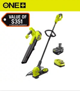 lot 4642016 image: RYOBIONE 18V Cordless Battery String TrimmerEdger and Jet Fan Blower Combo Kit (2-Tools) with 4.0 Ah Battery and Charger - Retail $219
