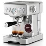 Neretva Espresso Machine, 15 Bar Espresso Coffee Machine with Visible Pressure Guage Professional Espresso Maker with Milk Frother & Stainless Steel for Home Barista Latte and Cappuccino Maker-Silver - Retail: $179