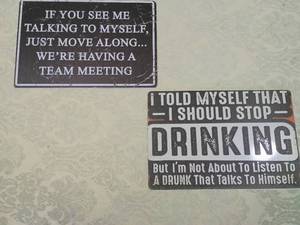 lot 146 image: Humorous Drinking and Team Meeting Metal Signs - Set of 2